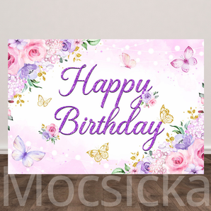 Mocsicka Happy Birthday with Purple butterflies and flowers Backdrop for Birthday
