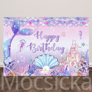 Mocsicka Happy Birthday with Mermaid and Underwater Elements Backdrop for Birthday