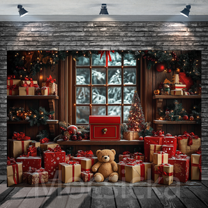 Mocsicka Window with Teddy Bear and Gifts for Christmas Backdrop
