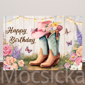 Mocsicka Floral Cowgirl Hat and Boots Happy Birthday Backdrop
