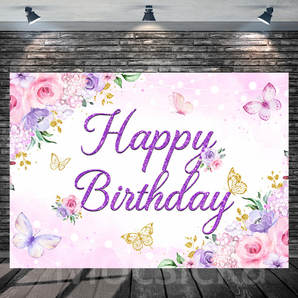 Mocsicka Happy Birthday with Purple butterflies and flowers Backdrop for Birthday