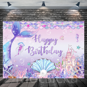 Mocsicka Happy Birthday with Mermaid and Underwater Elements Backdrop for Birthday