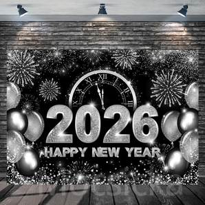 Mocsicka "2026 Happy New Year - Silver Fireworks & Clock" for New Year Party Backdrop
