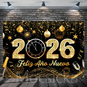 Mocsicka "2026 Feliz Año Nuevo - Golden Fireworks & Clock" for New Year Party Backdrop