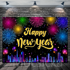 Mocsicka "Happy New Year with Colorful Fireworks " for New Year Party Backdrop