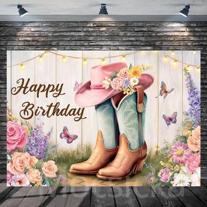 Mocsicka Floral Cowgirl Hat and Boots Happy Birthday Backdrop