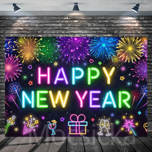 Mocsicka "Happy New Year with Neon Lights" for New Year Party Backdrop