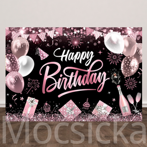 Mocsicka Pink - Themed Glittery Happy Birthday Backdrop