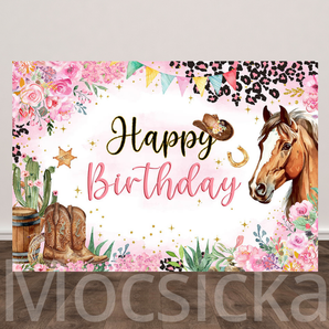Mocsicka Pink Western Cowgirl - Themed Happy Birthday Backdrop