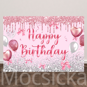 Mocsicka Pink Glitter - Themed "Happy Birthday" Backdrop