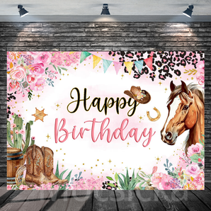 Mocsicka Pink Western Cowgirl - Themed Happy Birthday Backdrop