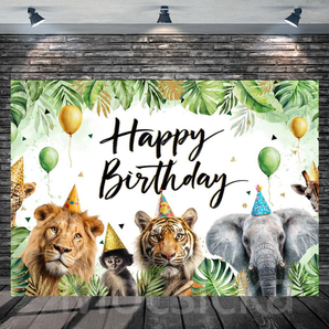 Mocsicka Jungle Animal - Themed "Happy Birthday" Backdrop