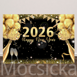 Mocsicka "2026 Happy New Year - Golden Celebration" for New Year Party Backdrop