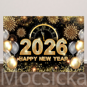 Mocsicka "2026 Happy New Year - Golden Fireworks & Clock" for New Year Party Backdrop