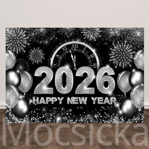 Mocsicka "2026 Happy New Year - Silver Fireworks & Clock" for New Year Party Backdrop