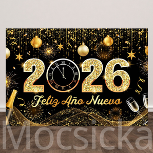 Mocsicka "2026 Feliz Año Nuevo - Golden Fireworks & Clock" for New Year Party Backdrop