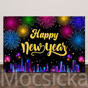 Mocsicka "Happy New Year with Colorful Fireworks " for New Year Party Backdrop
