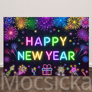 Mocsicka "Happy New Year with Neon Lights" for New Year Party Backdrop