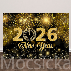 Mocsicka "2026 New Year with Golden Firework" for New Year Party Backdrop