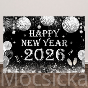 Mocsicka "2026 Happy New Year with Silver Disco Ball" for New Year Party Backdrop