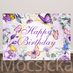 Mocsicka "Happy Birthday - Purple Floral Butterflies" for Birthday Party Backdrop