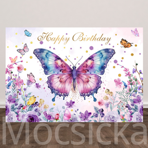 Mocsicka "Happy Birthday - Watercolor Butterfly" for Birthday Party Backdrop