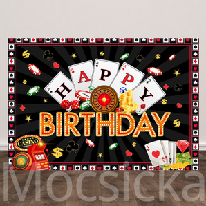 Mocsicka "Happy Birthday - Casino Poker & Roulette" for Birthday Party Backdrop