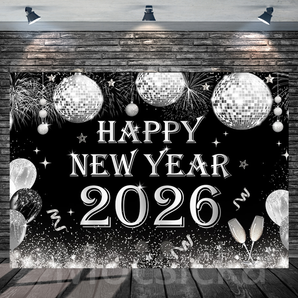 Mocsicka "2026 Happy New Year with Silver Disco Ball" for New Year Party Backdrop