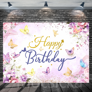 Mocsicka "Happy Birthday - Floral Butterflies" for Birthday Party Backdrop