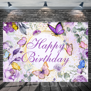 Mocsicka "Happy Birthday - Purple Floral Butterflies" for Birthday Party Backdrop