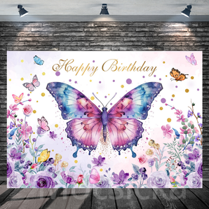 Mocsicka "Happy Birthday - Watercolor Butterfly" for Birthday Party Backdrop