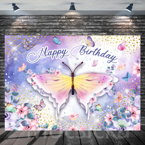 Mocsicka "Happy Birthday with Watercolor Butterfly" for Birthday Party Backdrop