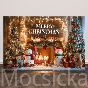 Mocsicka "Merry Christmas - Snowmen & Festive Fireplace" for Christmas Party Backdrop