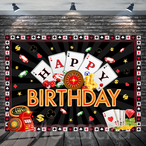 Mocsicka "Happy Birthday - Casino Poker & Roulette" for Birthday Party Backdrop