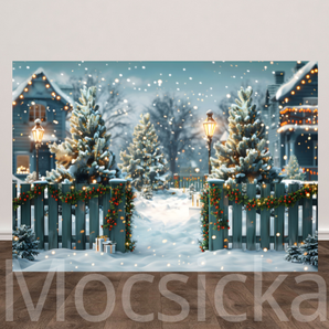 Mocsicka "Winter Magic - Snowy Christmas Village Lane" for Christmas Party Backdrop