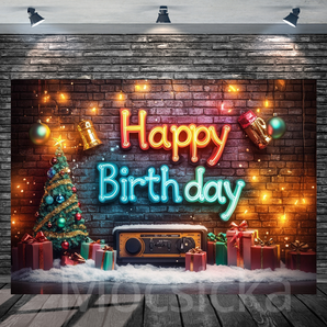 Mocsicka "Happy Birthday - Neon Lights & Christmas Tree" for Birthday Party Backdrop