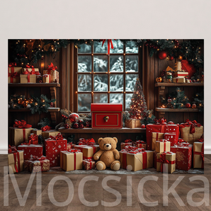 Mocsicka Window with Teddy Bear and Gifts for Christmas Backdrop