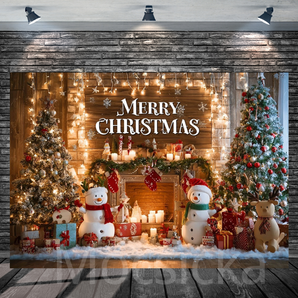 Mocsicka "Merry Christmas - Snowmen & Festive Fireplace" for Christmas Party Backdrop