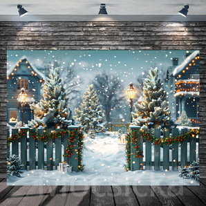 Mocsicka "Winter Magic - Snowy Christmas Village Lane" for Christmas Party Backdrop