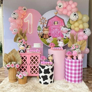 Mocsicka Pink Farm Theme Birthday Party Cotton Fabric 5pcs Party Decoration Covers Kit