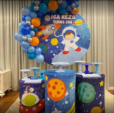 Mocsicka Astronaut Space Theme 1st Birthday Round cover and Cylinder Cover Kit for Party Decoration