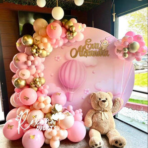Mocsicka Pink Cloud Hot Air Balloon Happy Birthday Party Round Cover-Mocsicka Party