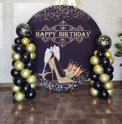 Mocsicka Gold Champagne and Heels Women's Happy Birthday Party Round Cover-Mocsicka Party
