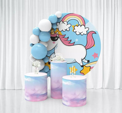 Mocsicka Cartoon Rainbow Unicorn Round cover and Cylinder Cover Kit for Birthday Party Decoration