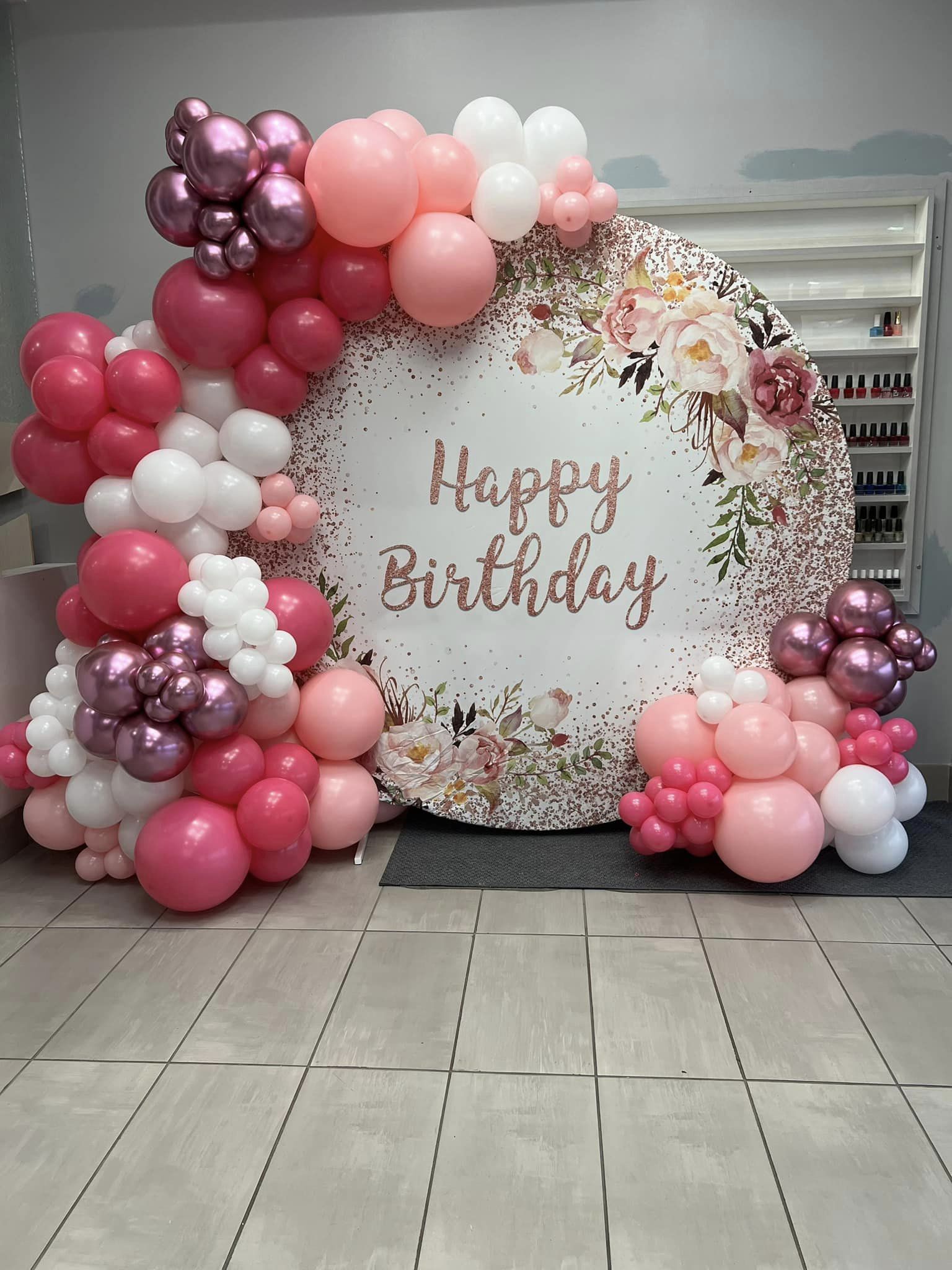 Mocsicka Pink Flowers Happy Birthday Round Cover-Mocsicka Party
