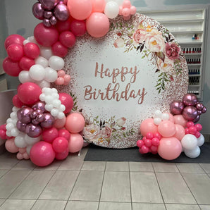 Mocsicka Pink Flowers Happy Birthday Round Cover-Mocsicka Party