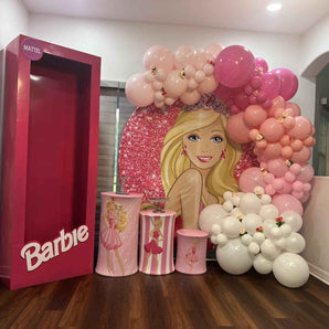 Mocsicka Pink Barbie Happy Birthday Round cover and Cylinder Cover Kit for Party Decoration-Mocsicka Party