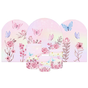 Mocsicka Pink flowers and Butterflies Cotton Fabric 6pcs Birthday Party Decoration Covers Kit