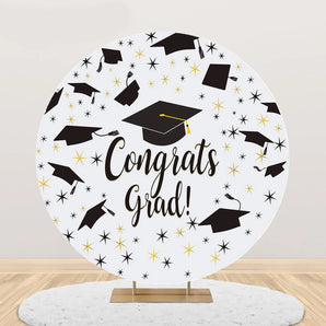 Mocsicka Black Golden Bachelor Cap and Stars Congrats Grad Round Backdrop Cover for Graduation Party