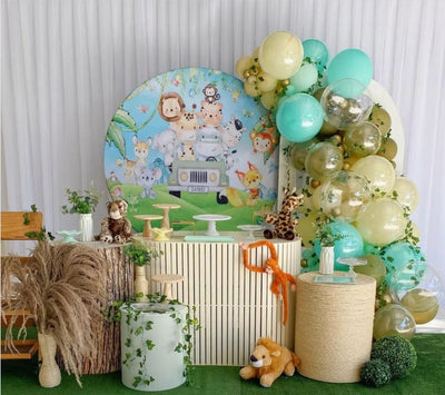 Mocsicka Cute Baby Jungle Safari Animal Theme Birthday Party Round Cover Backdrop